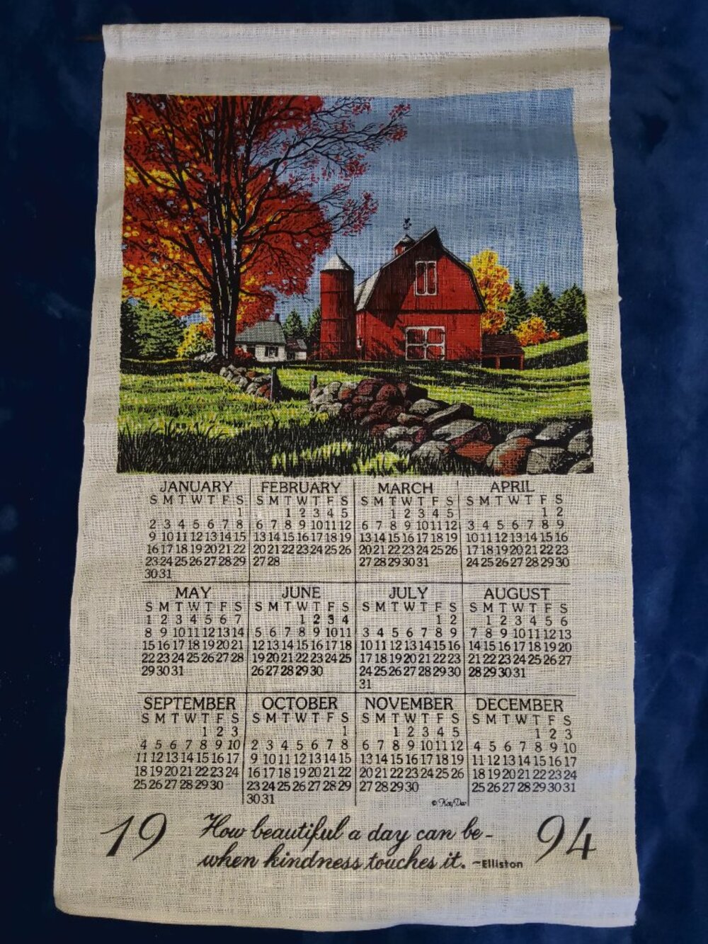 Vintage 1994 Kay Dee Linen Calendar Towel Red Barn Farm Scene Autumn Foliage